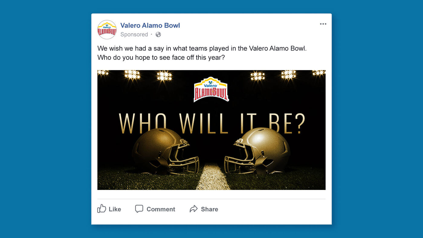 "Who Will It Be?" Facebook ad with facing helmets