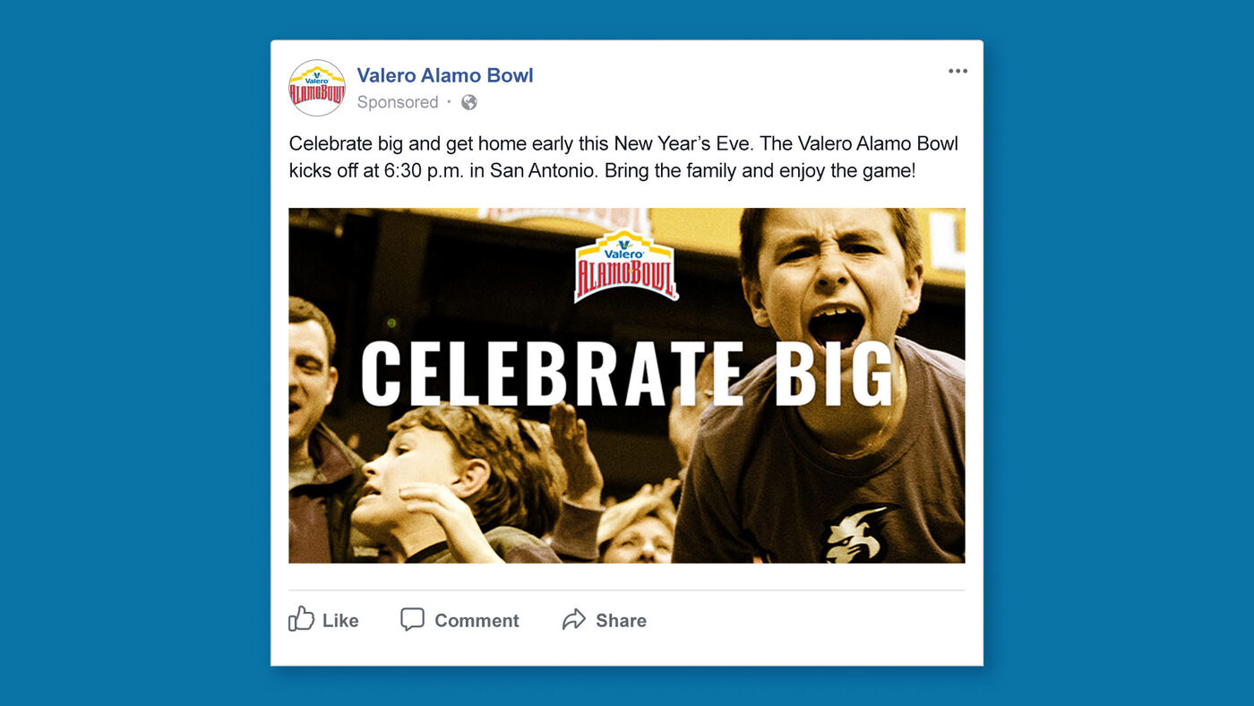 "Celebrate Big" Facebook ad with cheering fans