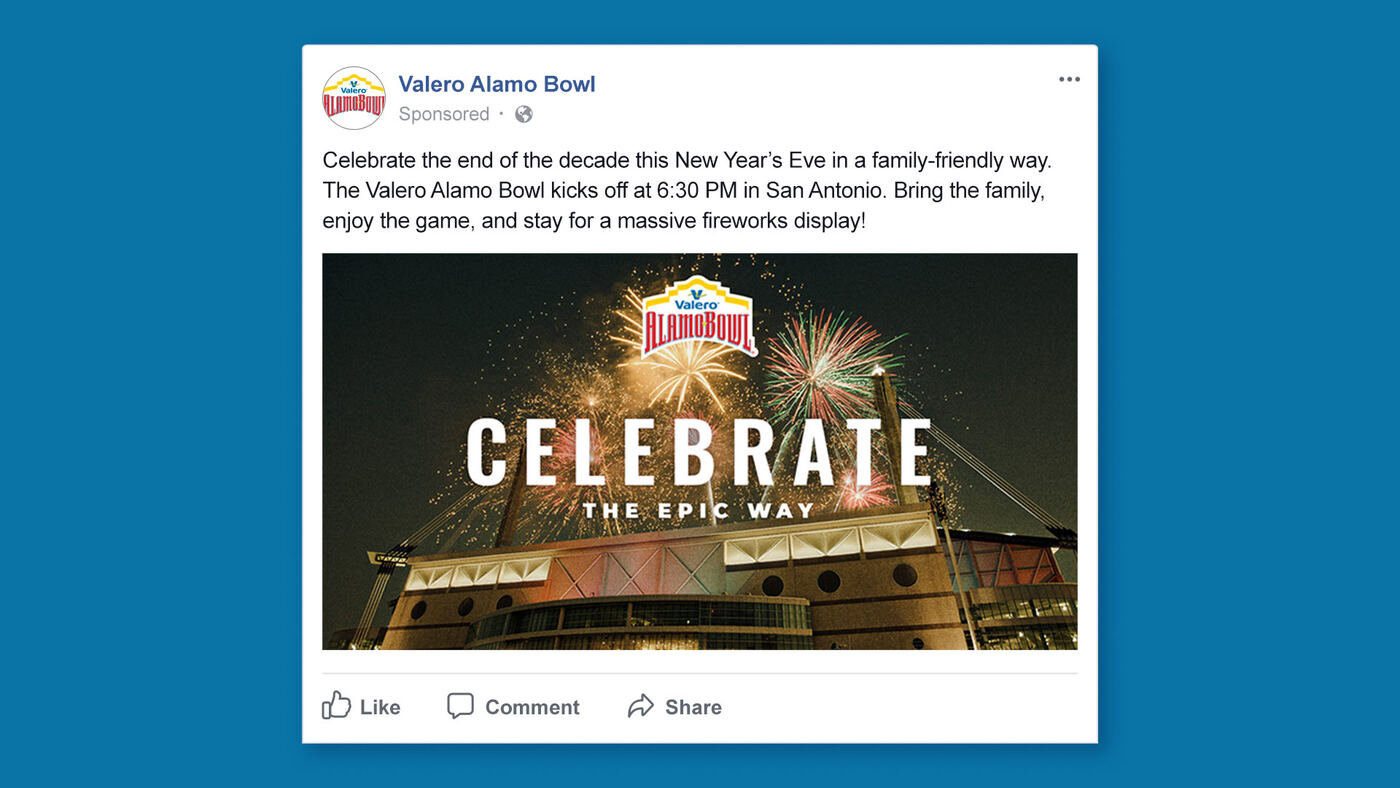 "Celebrate the Epic Way" Facebook ad with fireworks over the Alamodome
