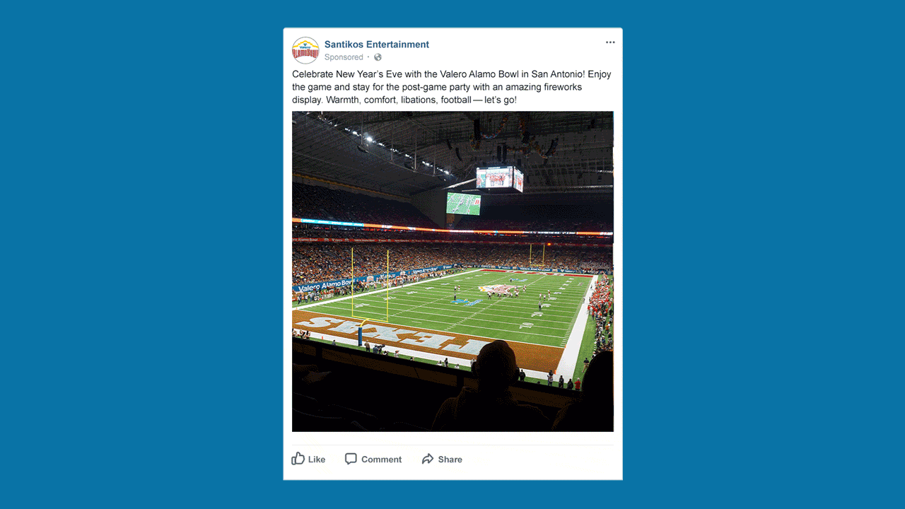 Facebook carousel ad from Santikos Entertainment promoting the Alamo Bowl