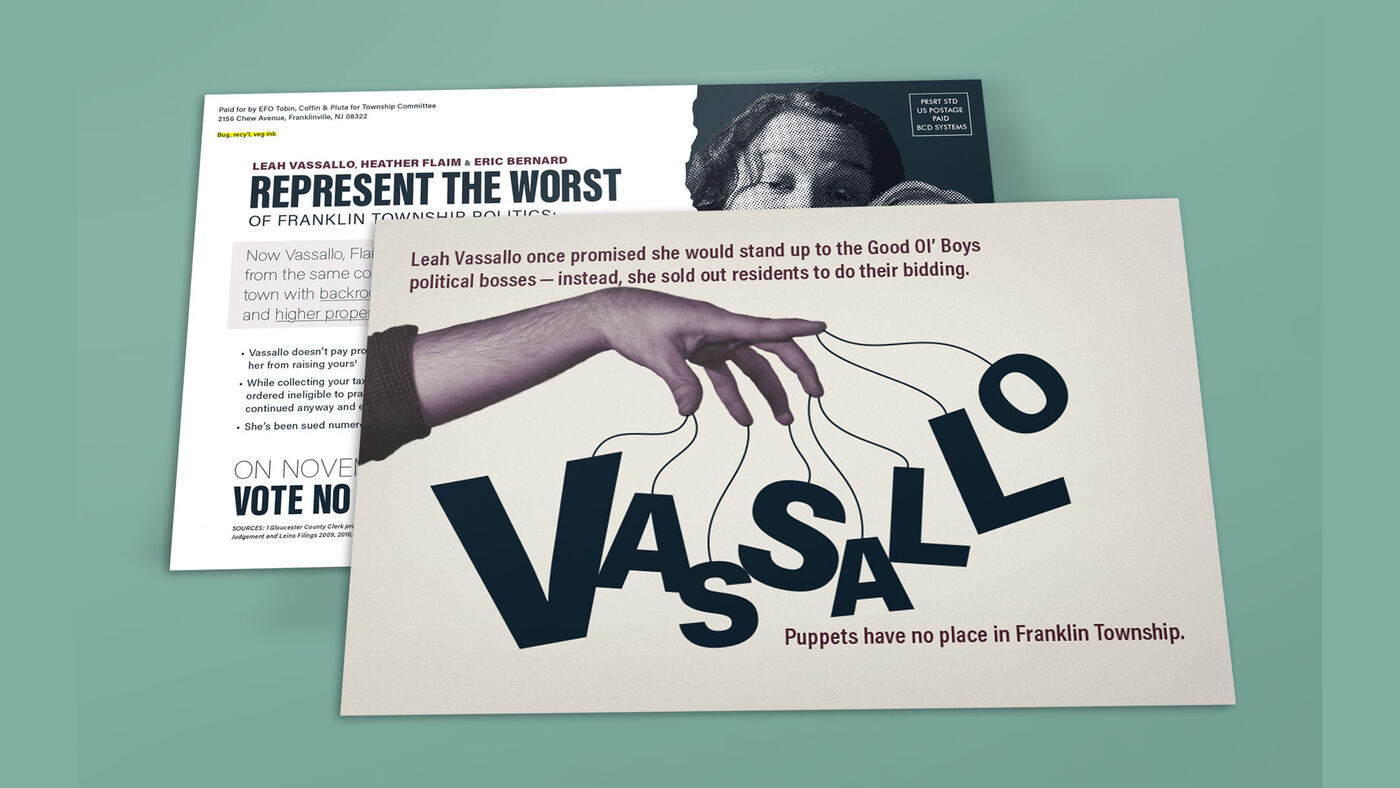 "Puppets have no place in Franklin Township" mailer with a puppeteer's hand spelling Vassallo