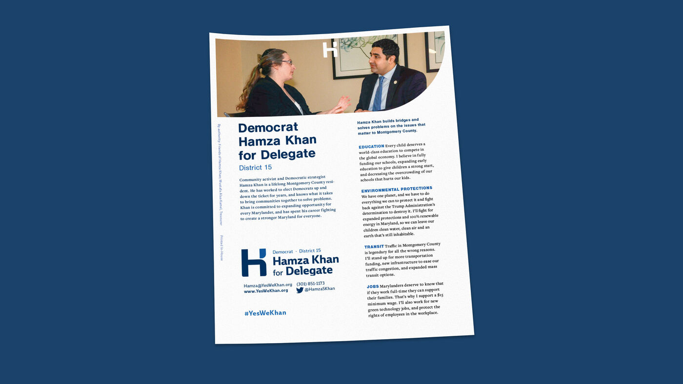 Hamza Khan for Delegate, District 15 mailer