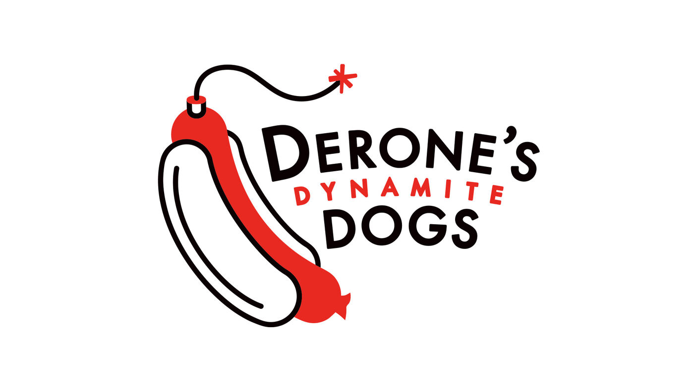 Derone's Dynamite Dogs logo with a lit fuse on a hot dog