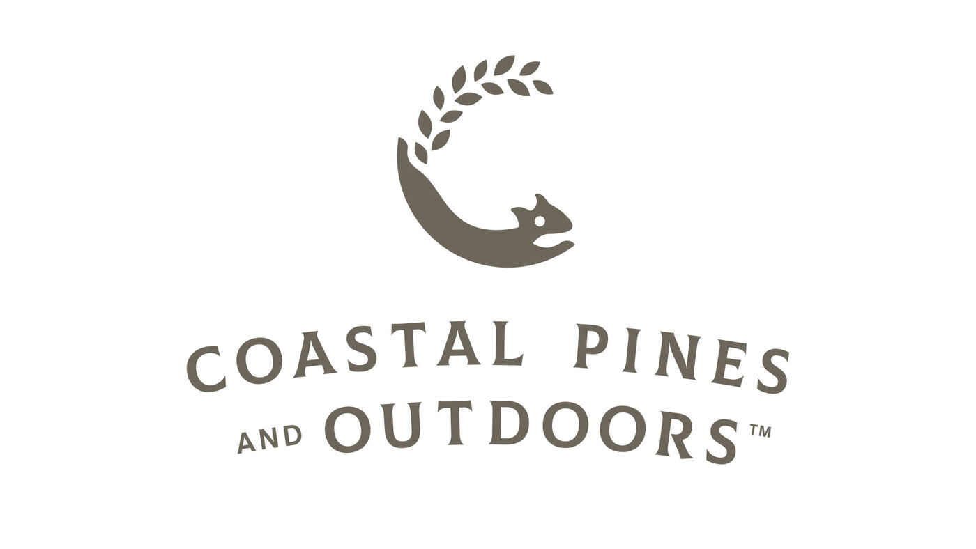 Coastal Pines and Outdoors logo with a squirrel and leaves forming a C