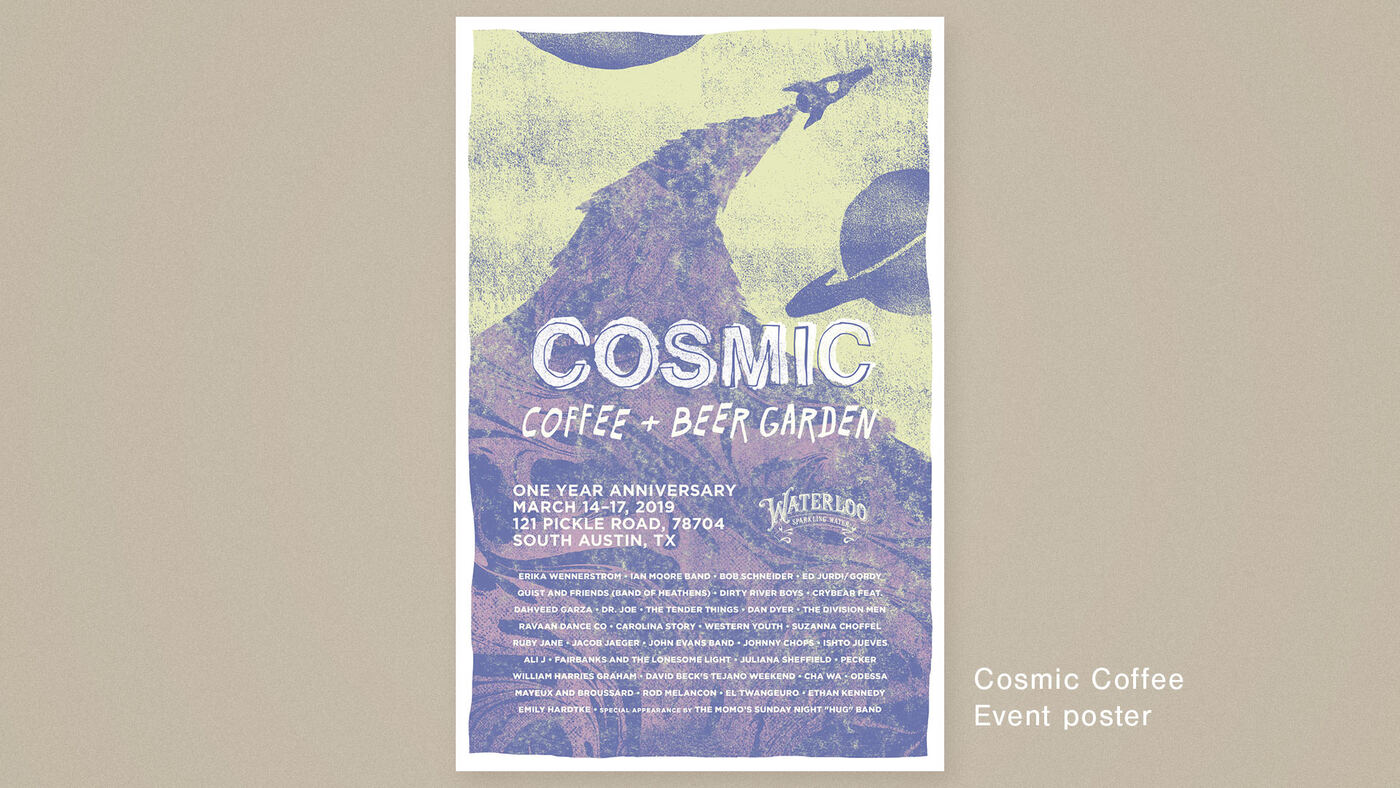 Cosmic Coffee + Beer Garden one-year anniversary event poster