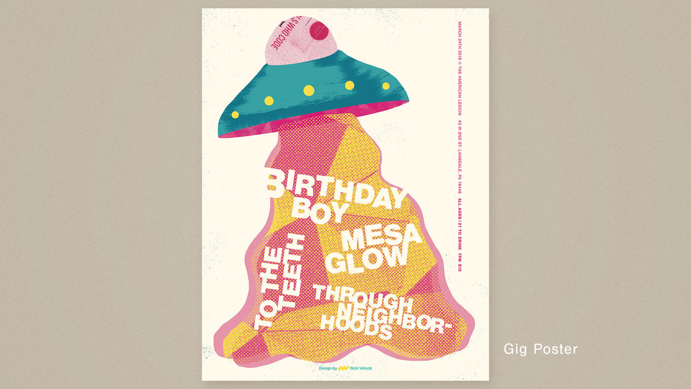 Mesa Glow gig poster with a UFO beam of band names