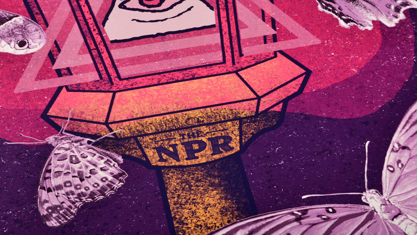 Close-up of the poster's lantern and moths