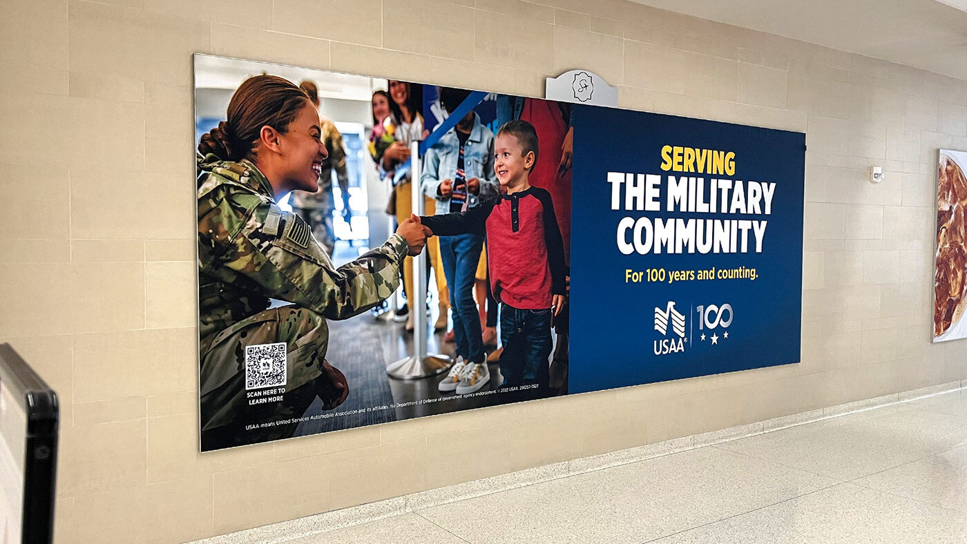 "Serving the Military Community" wall graphic in the San Antonio airport