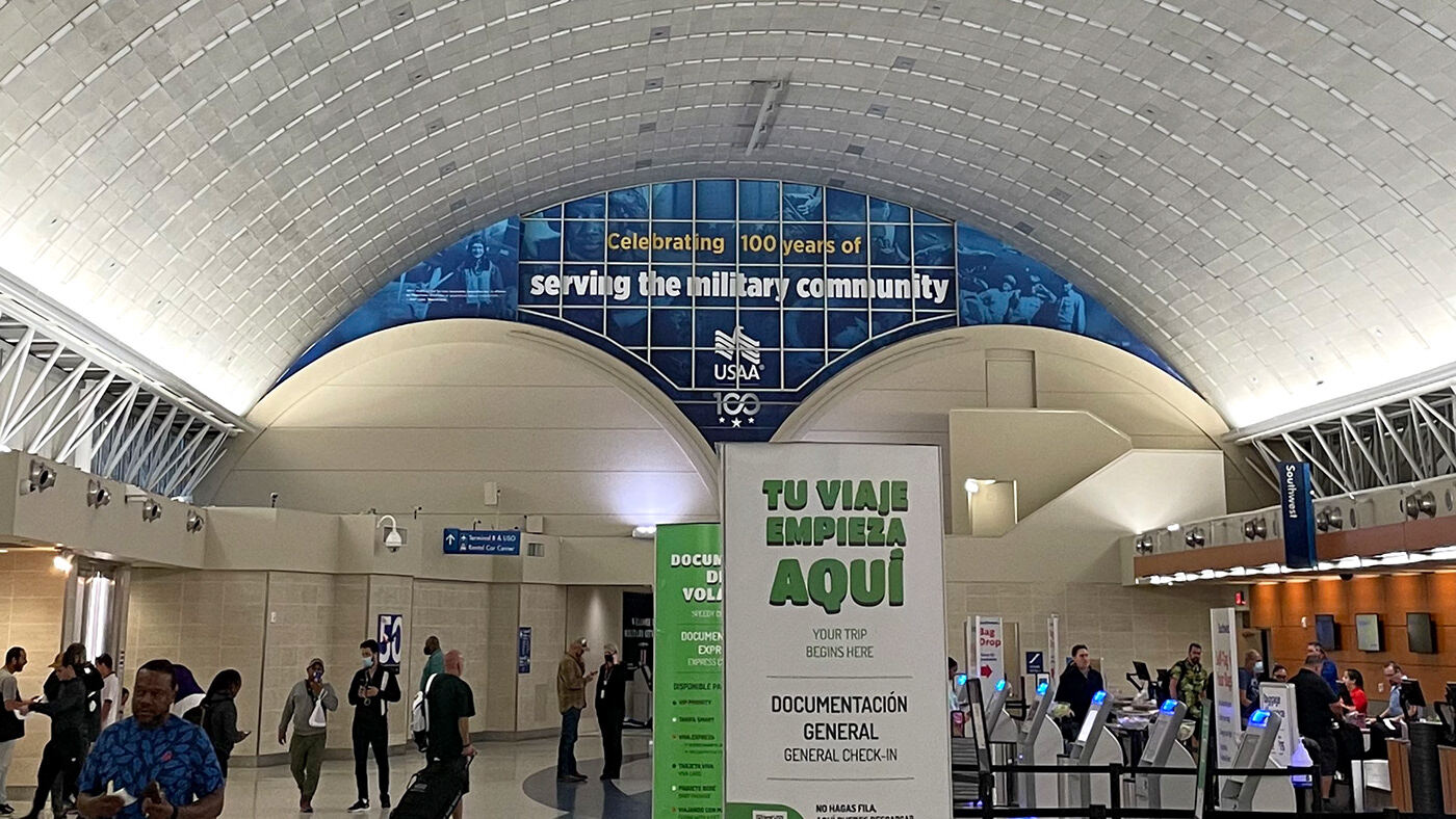 Centennial banner across the terminal arch