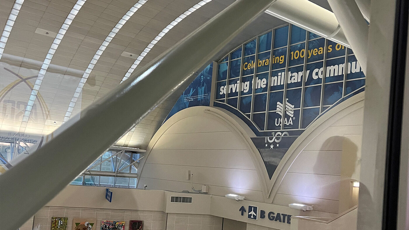 Terminal arch banner seen from below