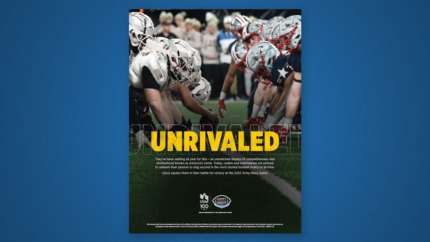 "Unrivaled" Army-Navy Game program ad with the USAA 100 mark