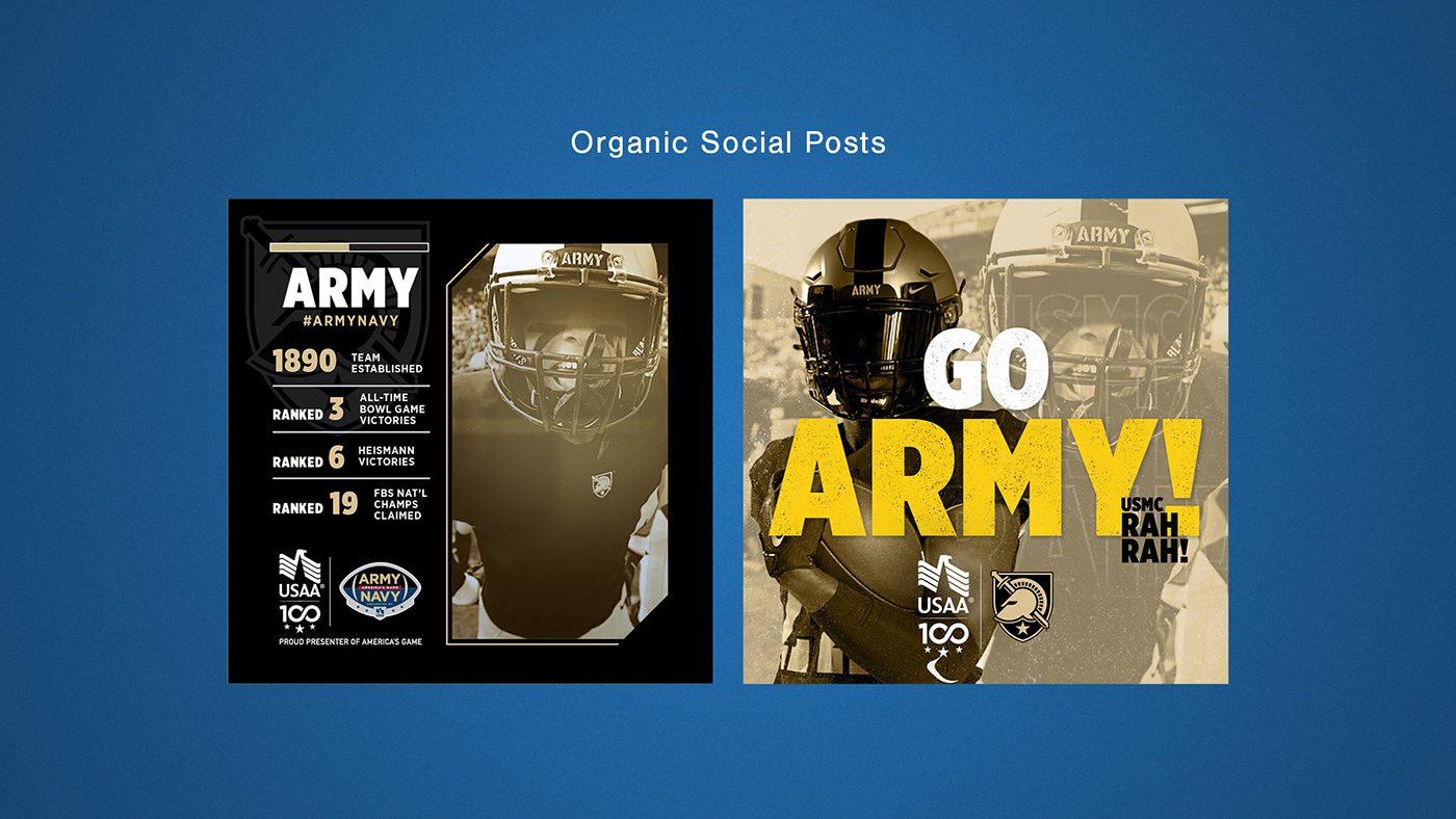 Army-Navy Game organic social posts with the USAA 100 mark